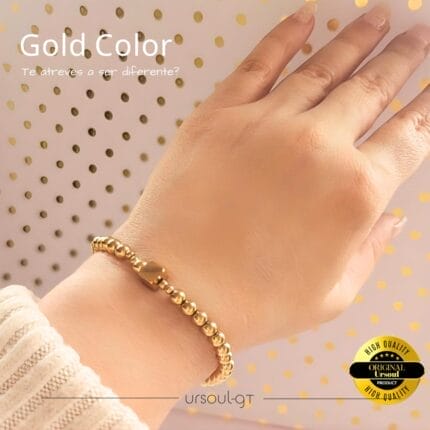Pulsera de Cuentas Esféricas con Cubo Minimalista – Colección Gold Color