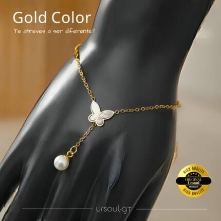 Alas de Nácar y Luz – Pulsera con Mariposa y Perla Colgante – Colección Gold Color
