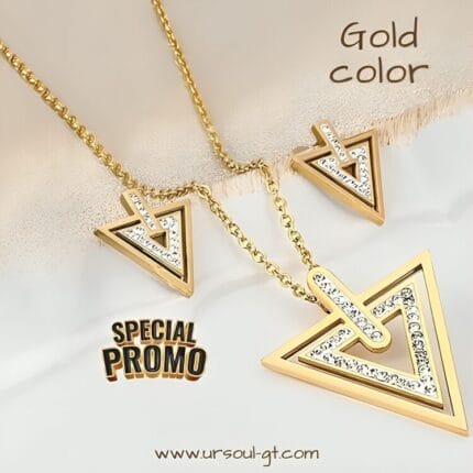 Geometría Dorada y Luz - Juego de Cadena con Dije y Aretes Triangulares con Cristales - Colección Gold Color